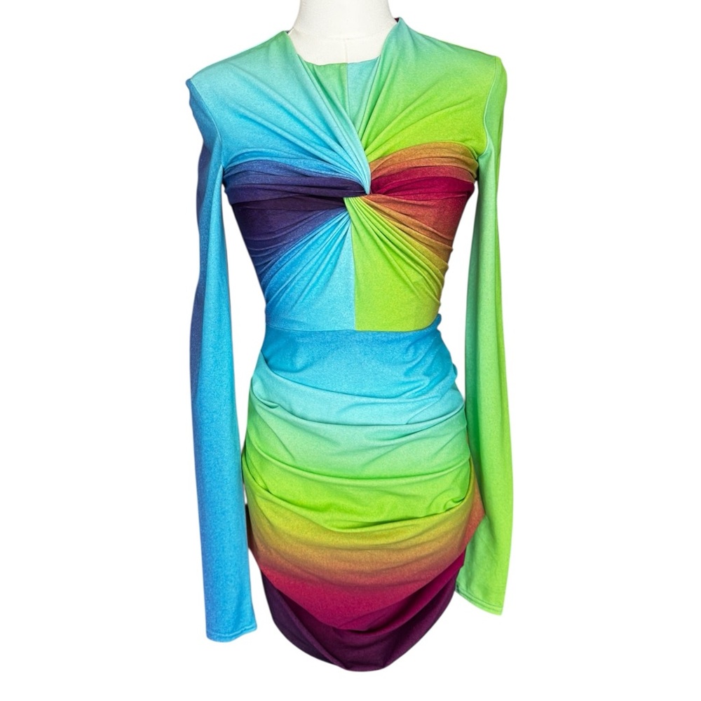 Alex Perry Halton Twist-Front Jersey Mini Dress in Gradient Multicolor US:4 AU:8 - Picture 3 of 12